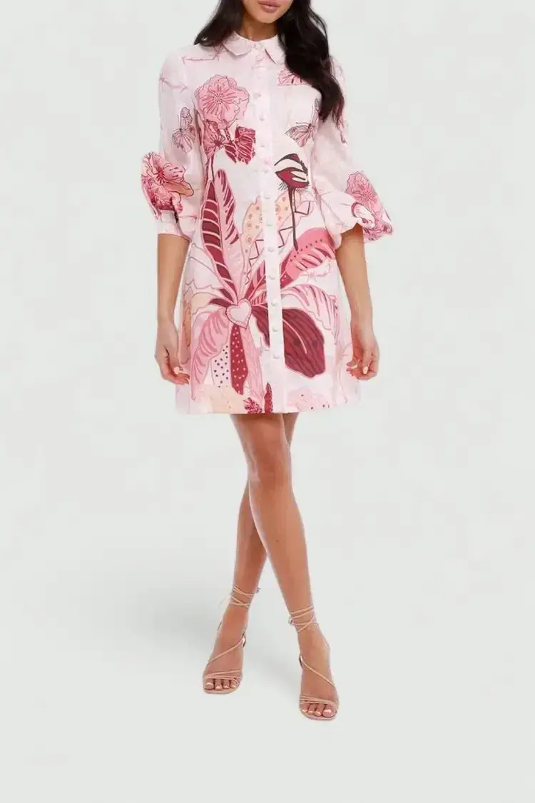 Leo Lin Amor Linen Mini Dress Pink Print Size 10 for rent on The Volte - main image