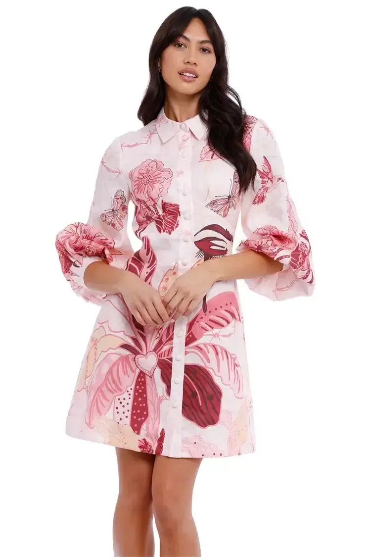 Leo Lin Amor Linen Mini Dress Pink Print Size 10 for rent on The Volte - main image