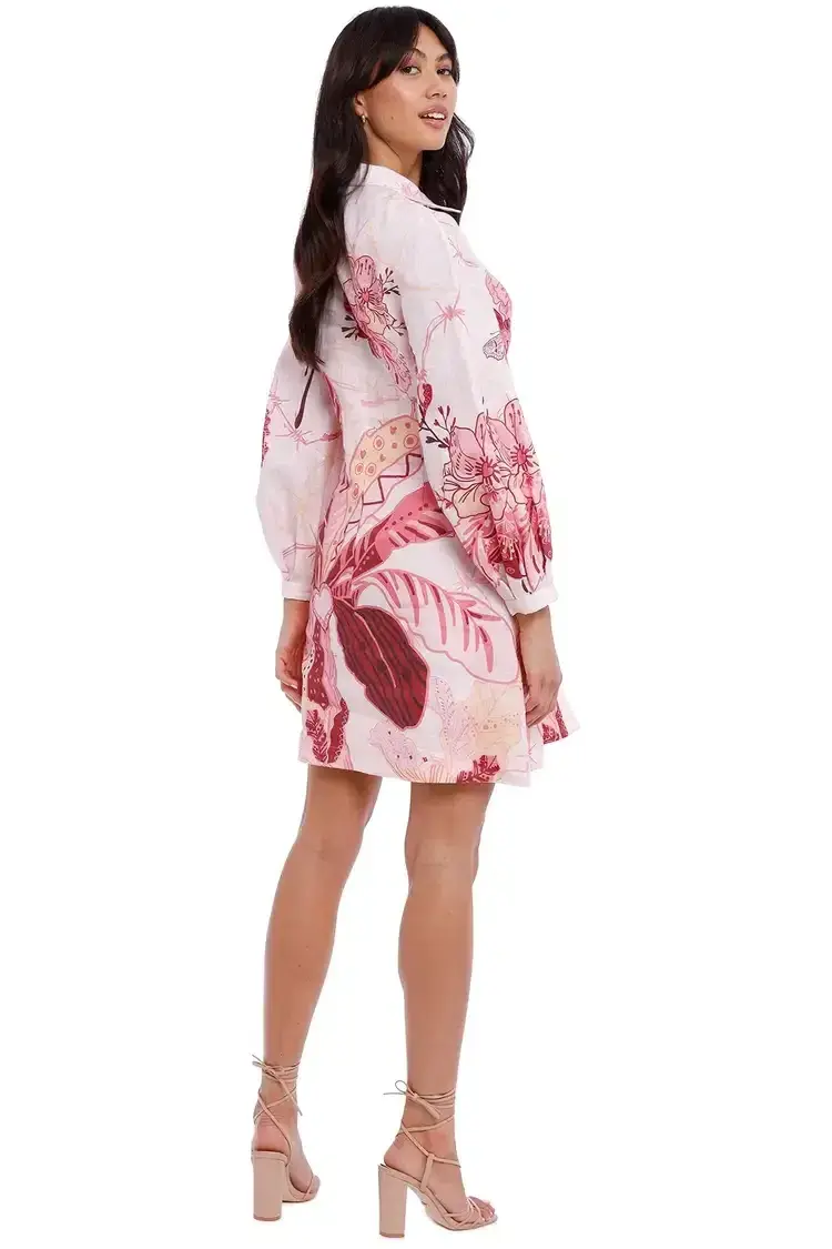 Leo Lin Amor Linen Mini Dress Pink Print Size 8 - Image 3