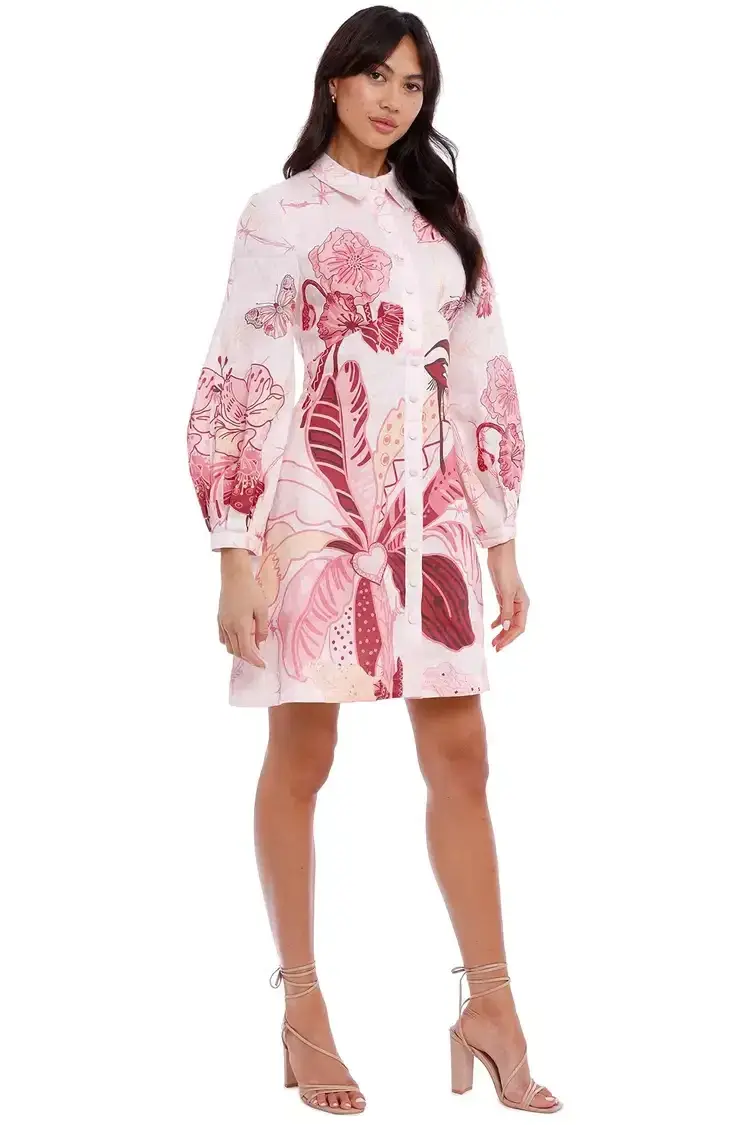 Leo Lin Amor Linen Mini Dress Pink Print Size 8 - Image 4