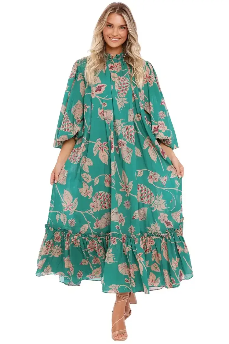Leo Lin Pina Rosa Dress Green Multi Print Size 8 for rent on The Volte - main image