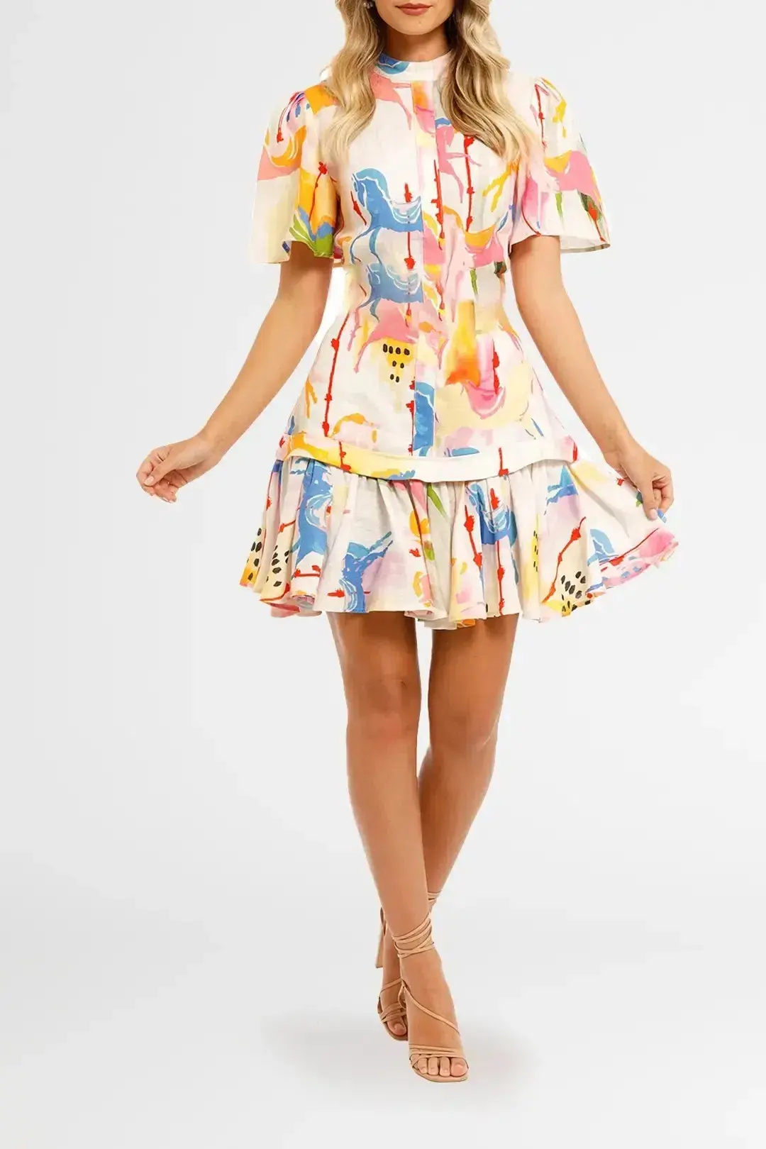 Leo Lin Carousel Linen Shirt Dress Rainbow Multi Print Size AU 14 - Image 1