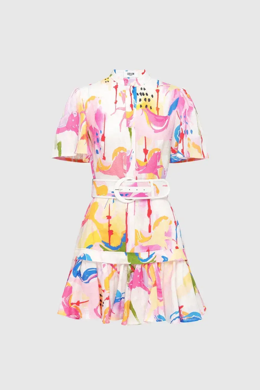 Leo Lin Carousel Linen Shirt Dress Rainbow Multi Print Size AU 14 - Image 2