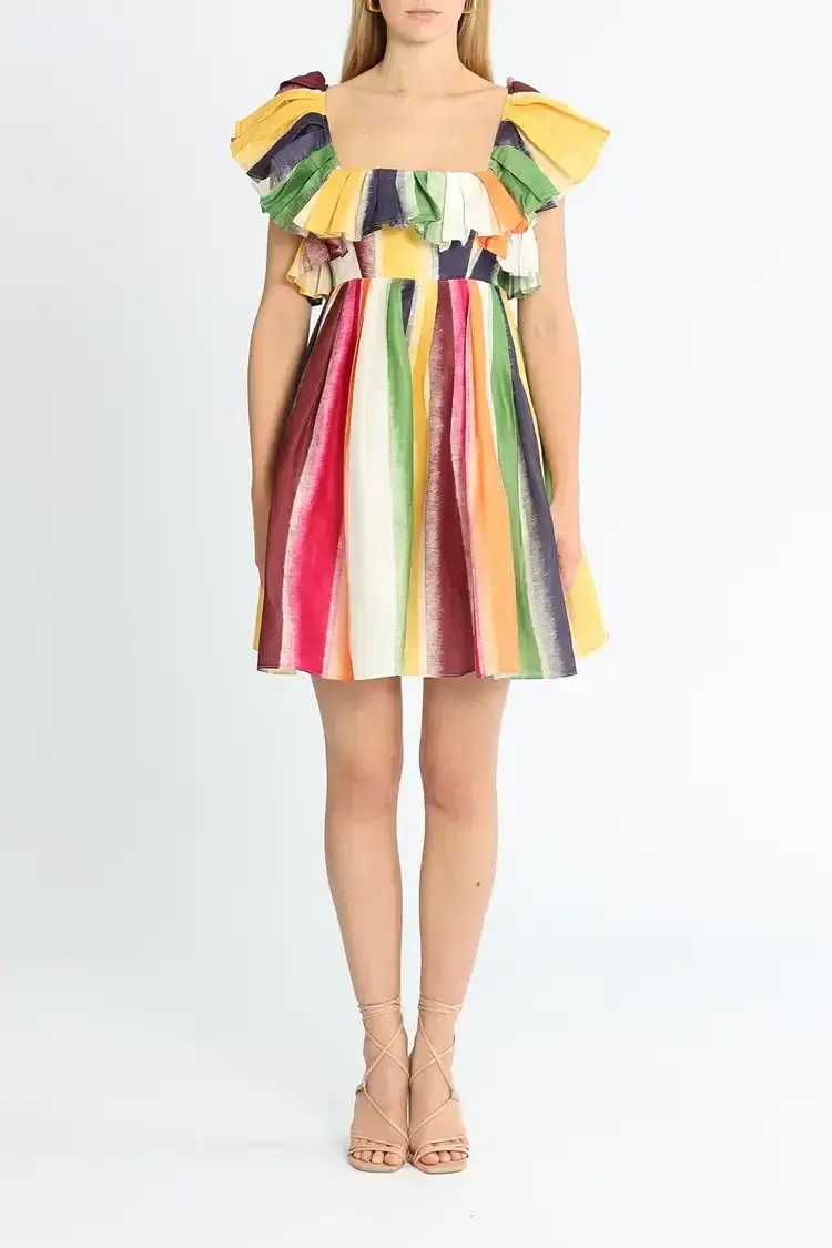 Leo Lin Fortune Stripe Tie Back Dress Multi Print Size AU 14 - Image 1