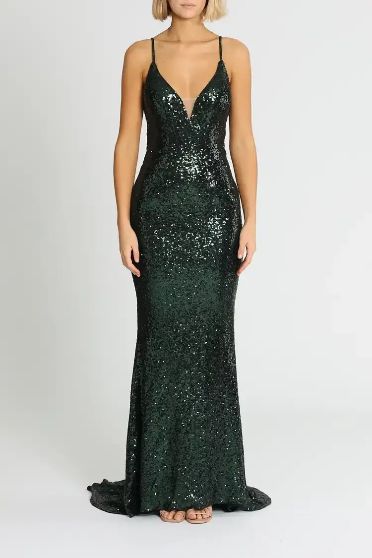 L'amour Sequin Plunge Emerald Green Size AU 14 - Image 1