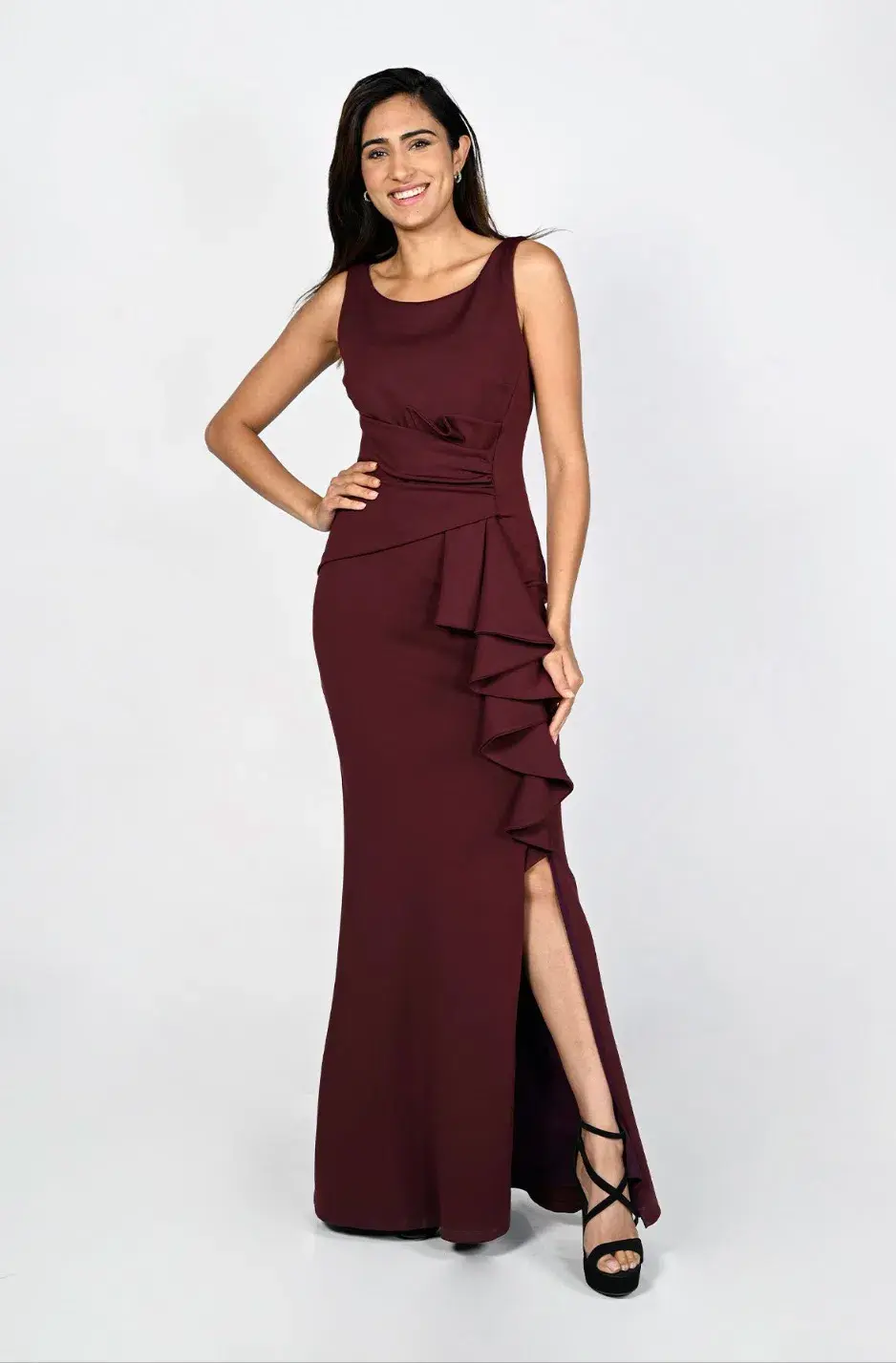 Frank Lyman Montreal Draped Waist Long Dress Bordeaux Size AU 12 - Image 1