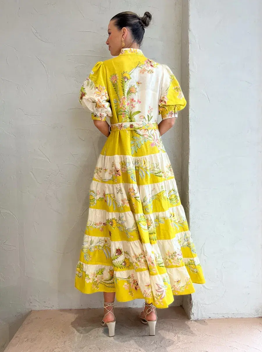 Alemais Ira Belted Tiered Printed Linen Maxi Dress Yellow Size AU 14 - Image 5