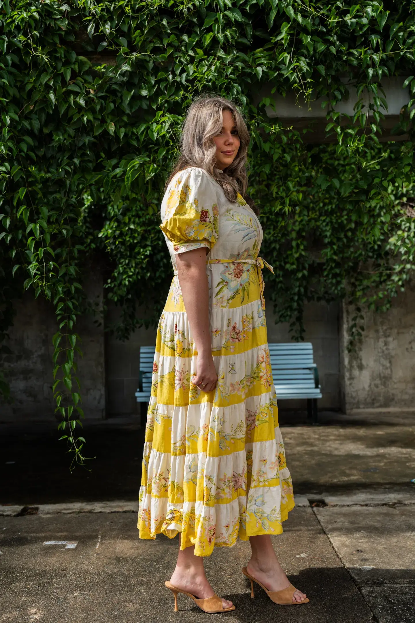 Alemais Ira Belted Tiered Printed Linen Maxi Dress Yellow Size AU 14 - Image 3