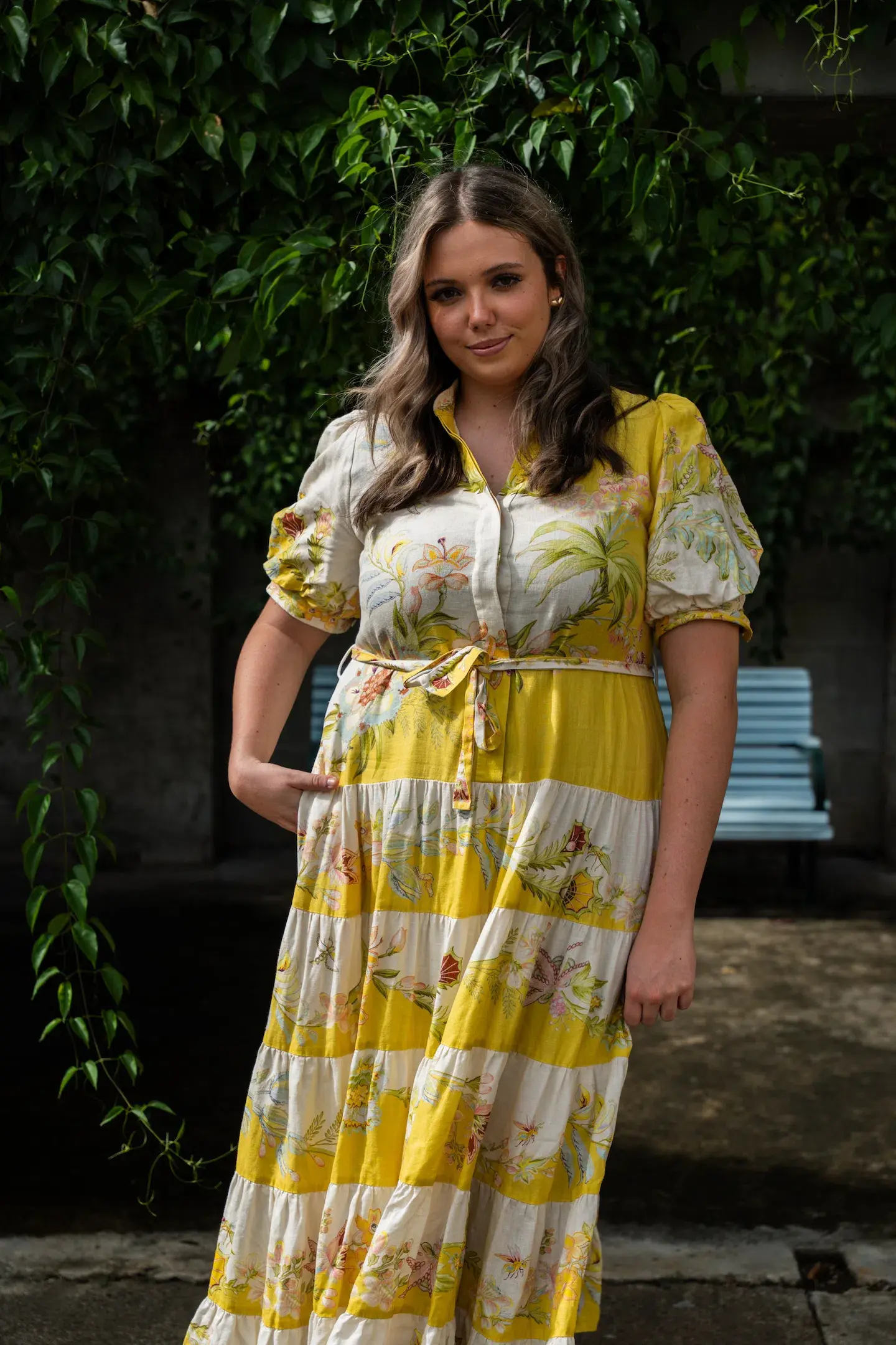 Alemais Ira Belted Tiered Printed Linen Maxi Dress Yellow Size AU 14 - Image 2