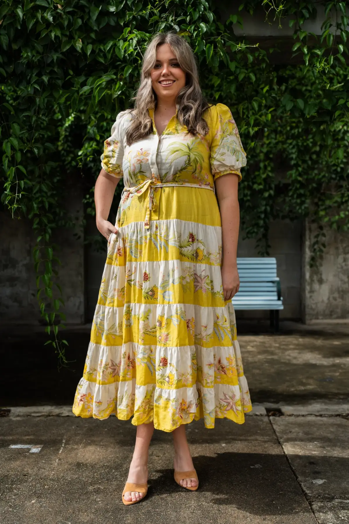 Alemais Ira Belted Tiered Printed Linen Maxi Dress Yellow Size AU 14 - Image 1