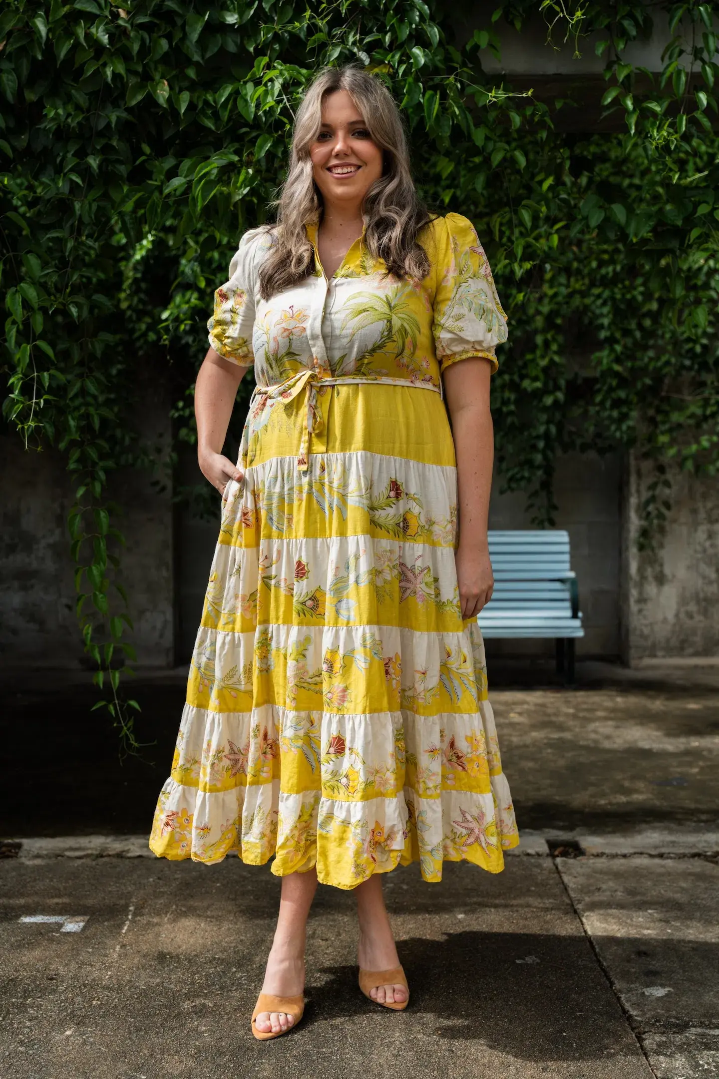 Alemais Ira Belted Tiered Printed Linen Maxi Dress Yellow Size AU 14 - Image 1