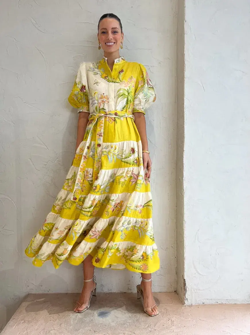 Alemais Ira Belted Tiered Printed Linen Maxi Dress Yellow Size AU 14 - Image 6