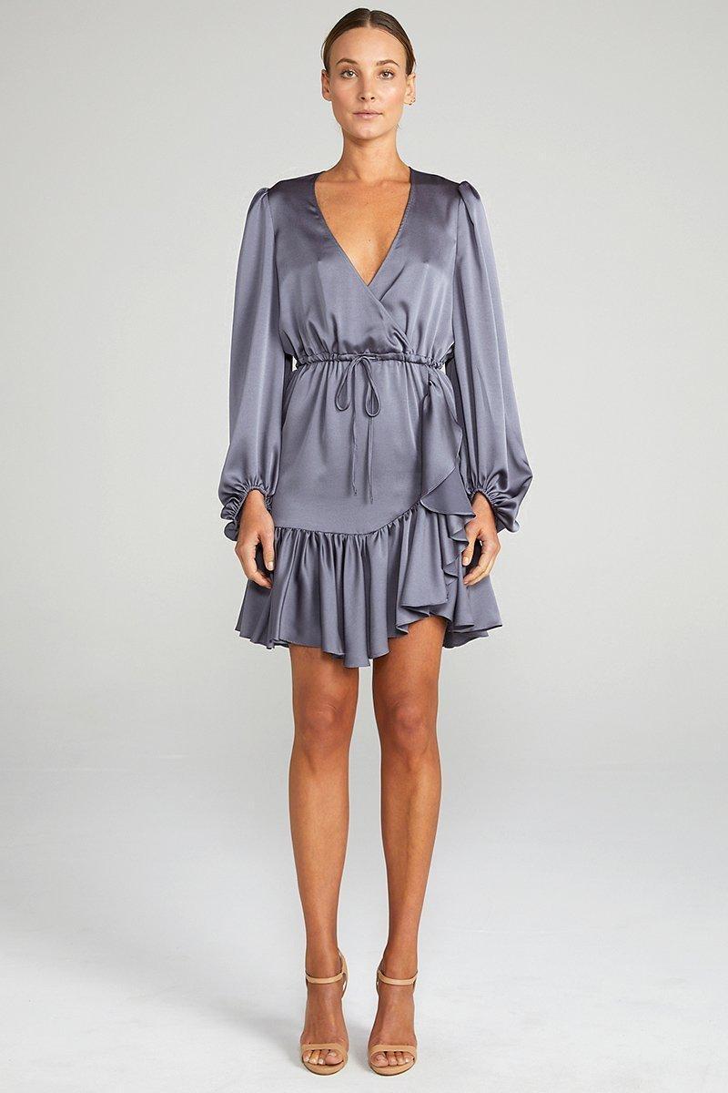 ANNA PUFF SLEEVE DRAWSTRING MINI DRESS - CHARCOAL - Image 1