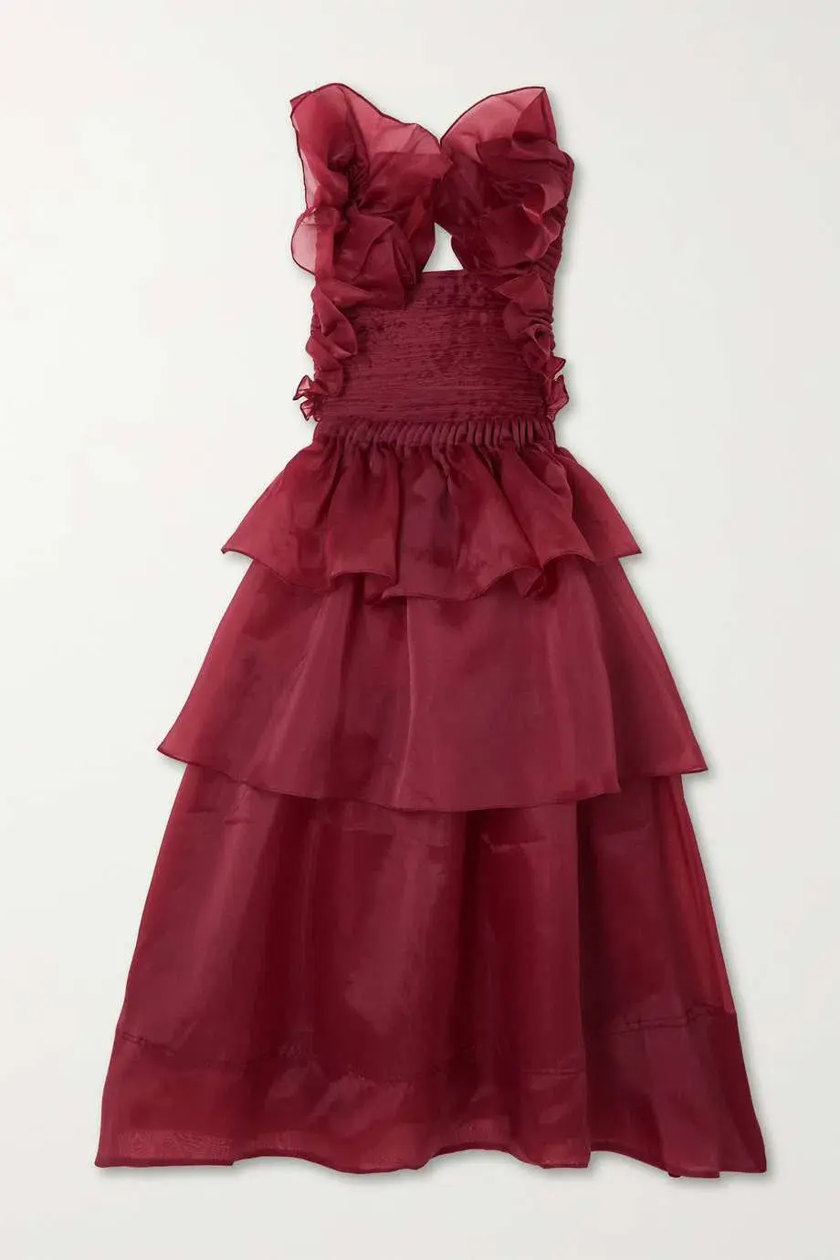 Aje Asra Pleated Frill Midi Dress Mahogany Red Size AU 8 for rent on The Volte - main image