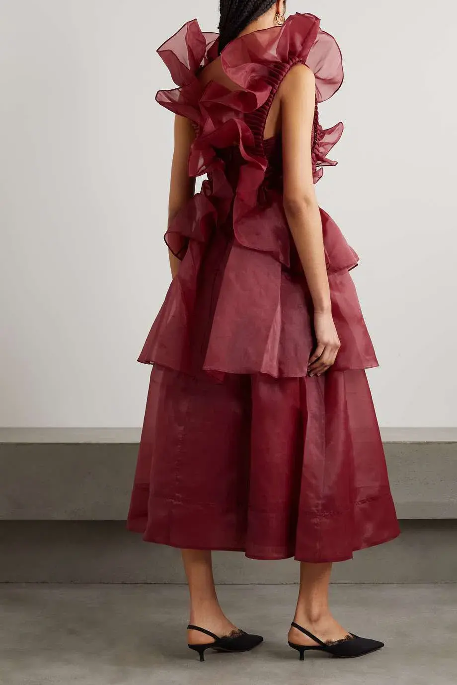 Aje Asra Pleated Frill Midi Dress Mahogany Red Size AU 8 for rent on The Volte - main image