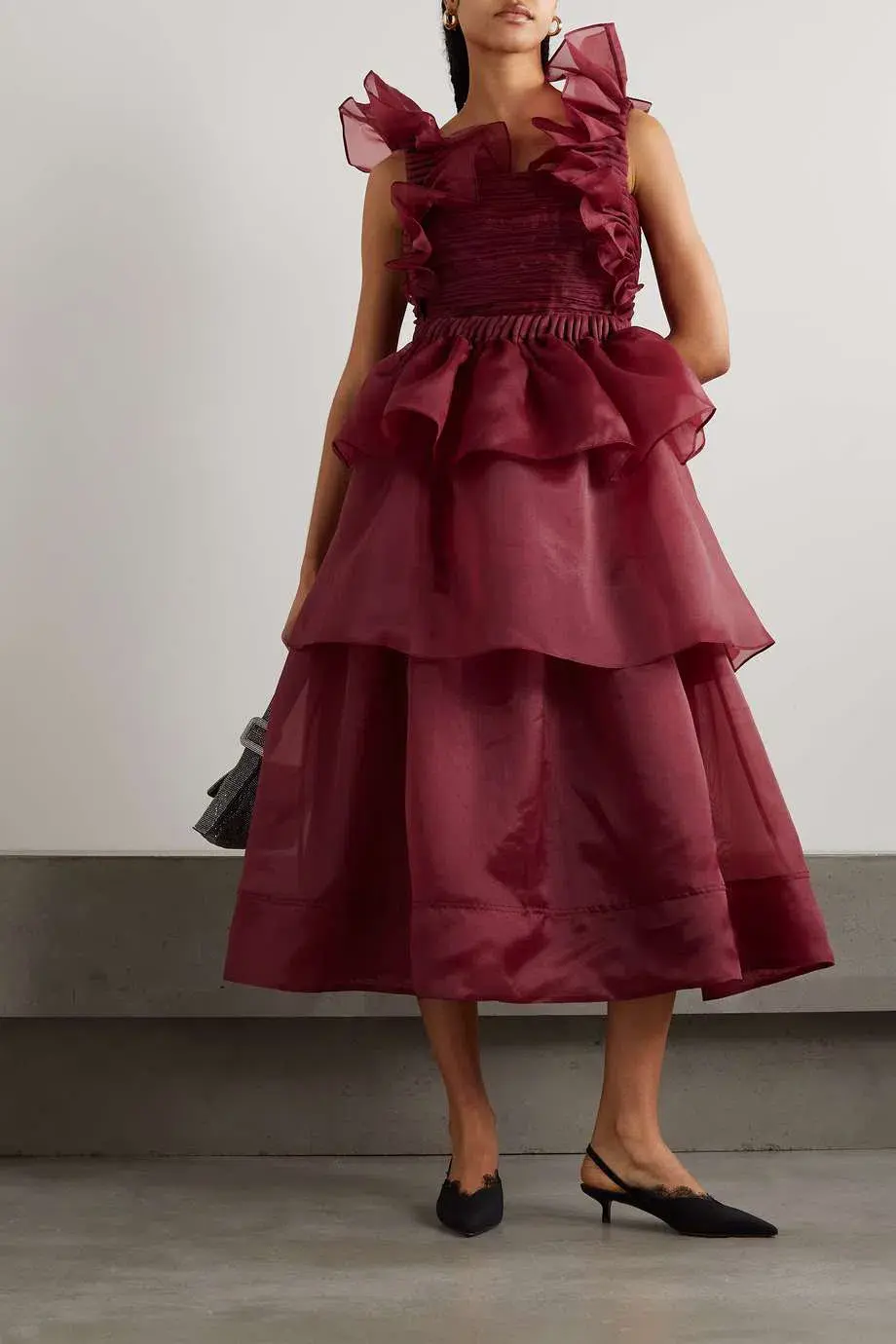 Aje Asra Pleated Frill Midi Dress Mahogany Red Size AU 8 - Image 1