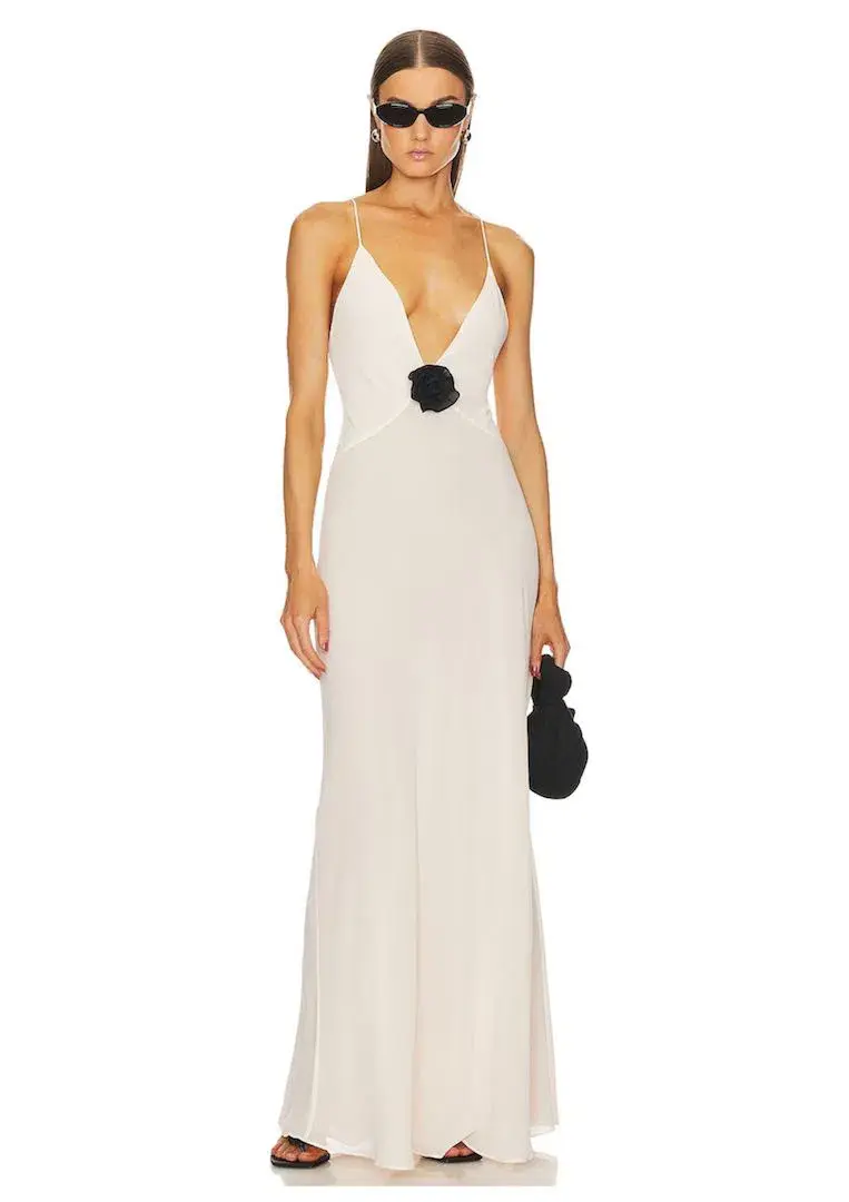 Helsa Sheer Deep V Long Slip Dress Cream Size 8 - Image 1