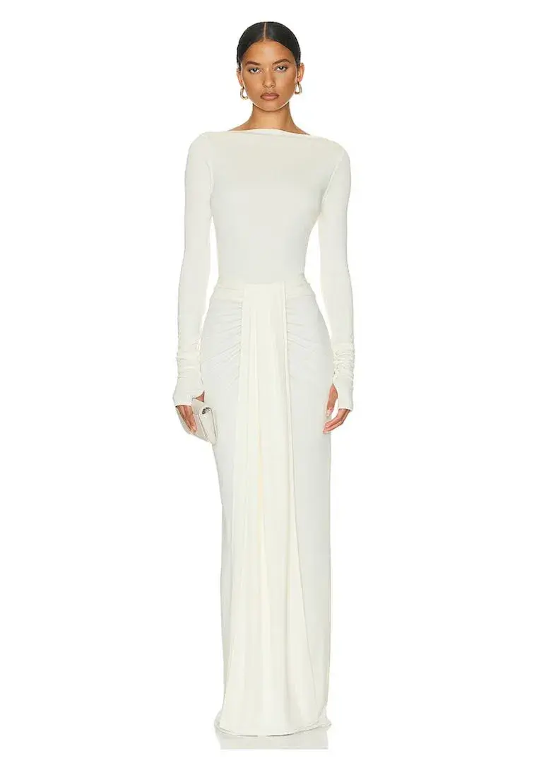 Helsa Matte Jersey Long Sleeve Top and Long Wrap Skirt Set Ivory Size 8 - Image 1