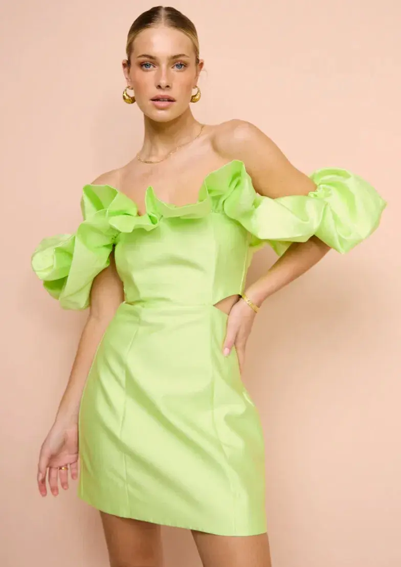 Alemais Suzi Off Shoulder Mini Dress Chartreuse Size 10 for rent on The Volte - main image