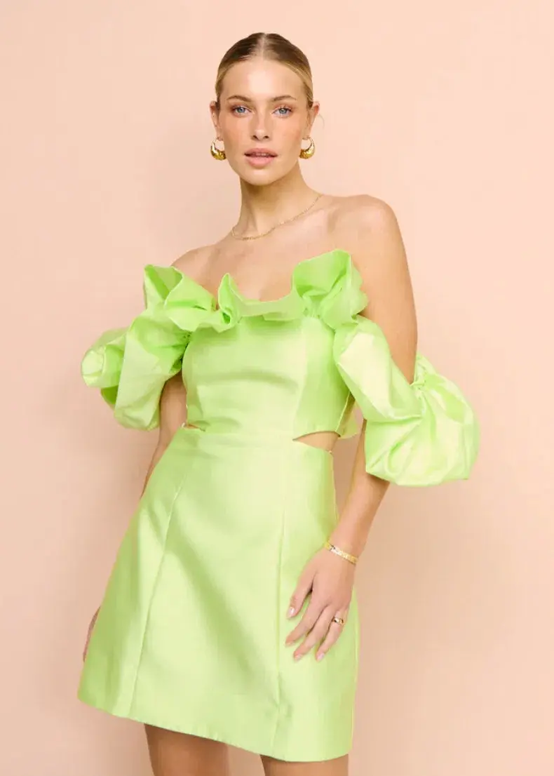 Alemais Suzi Off Shoulder Mini Dress Chartreuse Size 10 for rent on The Volte - main image