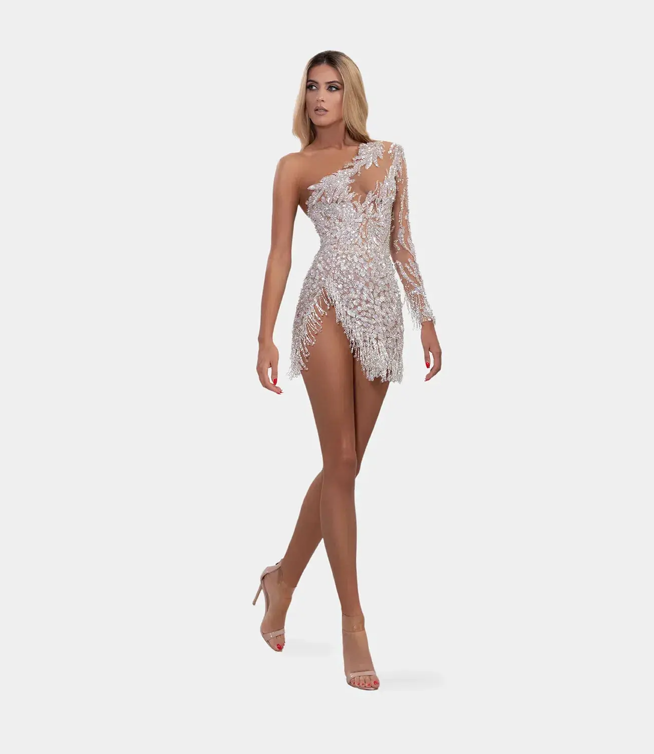 Albina Dyla Short Silver One Sleeved Dress Sequin Size 8 - Image 3