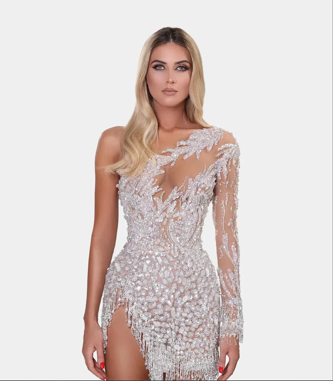 Albina Dyla Short Silver One Sleeved Dress Sequin Size 8 - Image 2