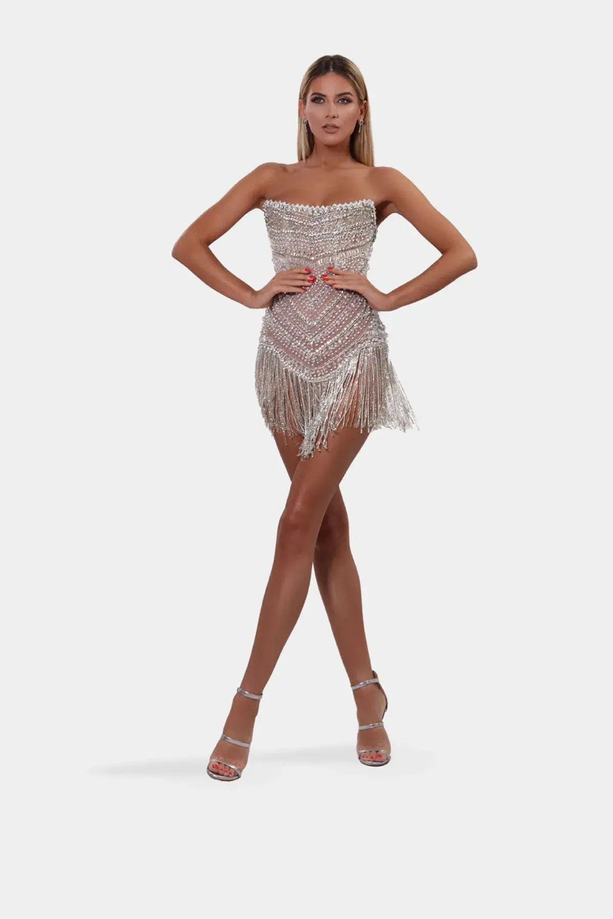 Albina Dyla Mini Silver/nude Corset Tassel Dress Silver/Nude Size 10 - Image 1