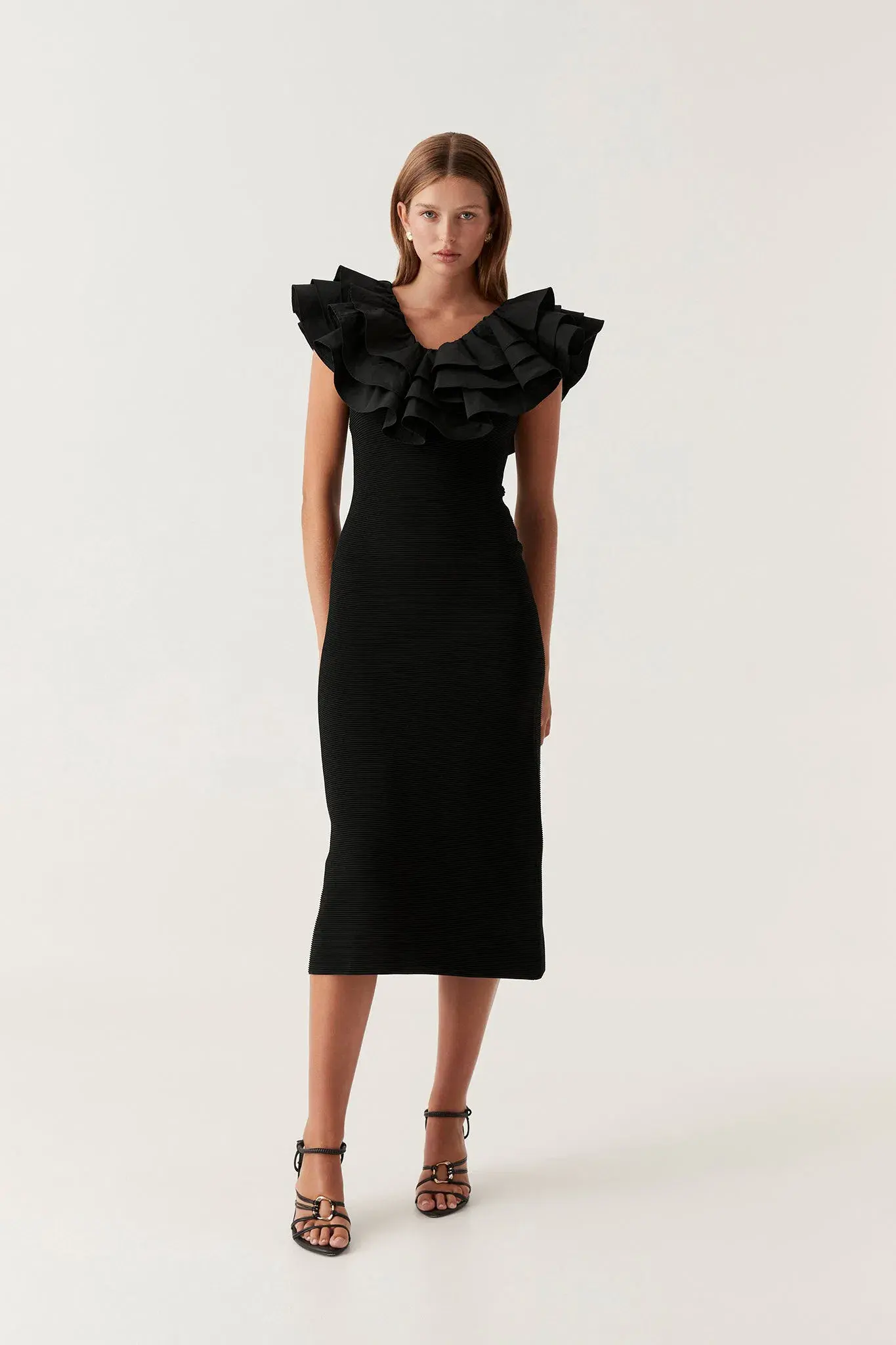 Aje Transcendent Ruffle Midi Dress Black Size L/Au 12 - Image 2
