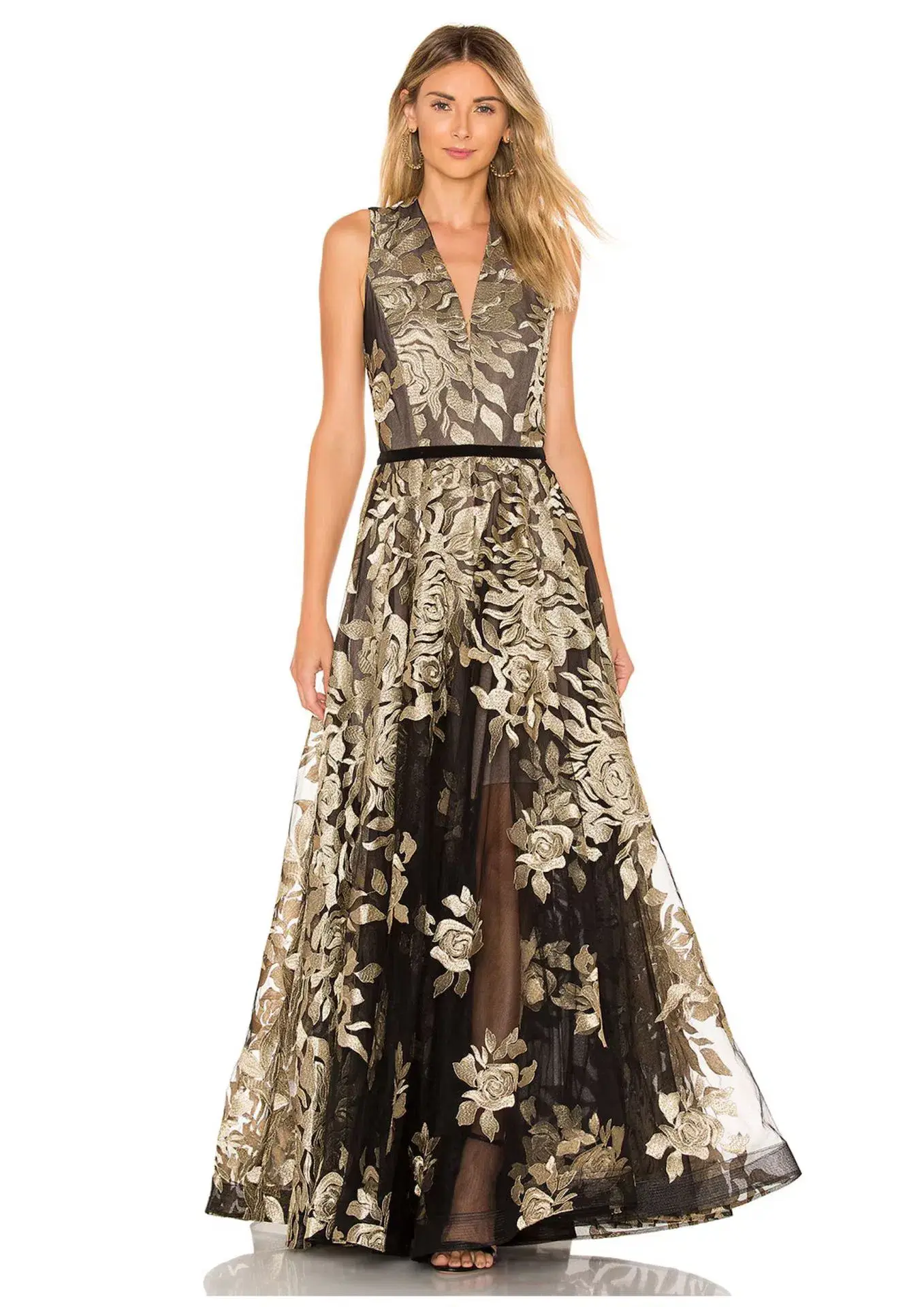 Bronx and Banco Golden Rose Gown Gold/Black Floral Size 8 - Image 1