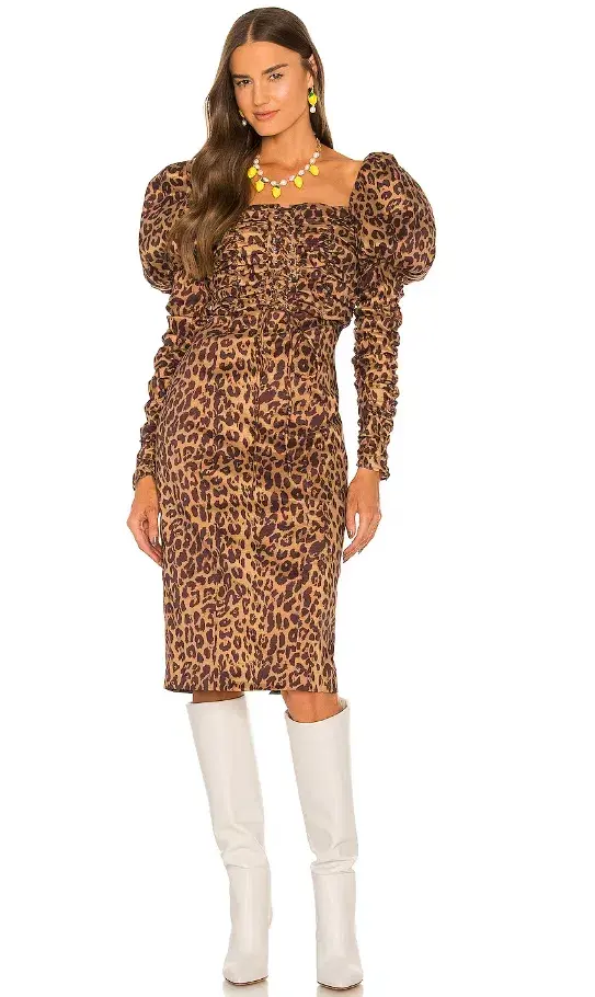 LPA Abana Dress Ruched Midi Brown Animal Print Size XS / AU 4 - Image 2