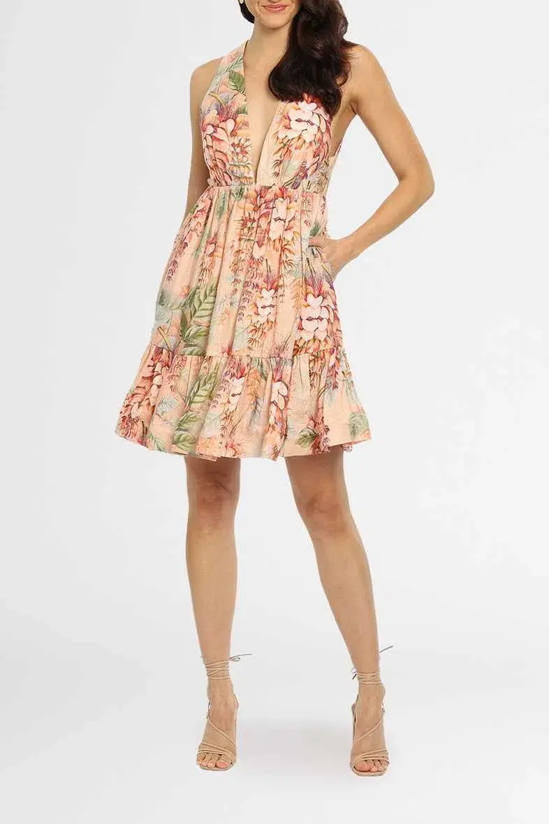 Zimmermann Candescent Plunge Neck Mini Dress in Coral Tree Print Size 6 for rent on The Volte - main image