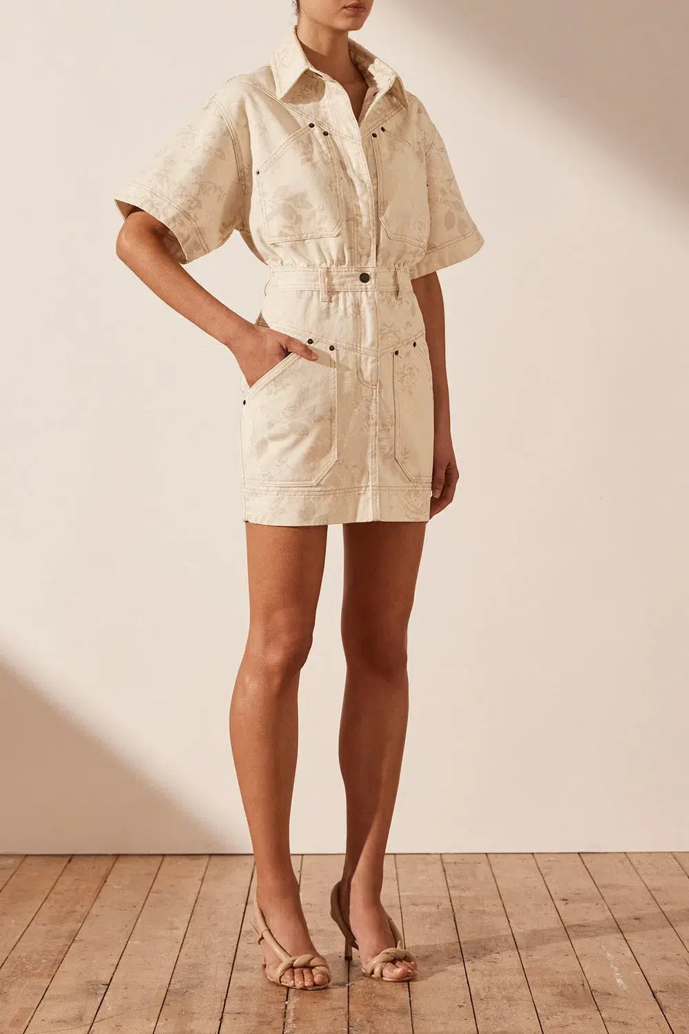 Shona Joy Monica Short Sleeve Mini Dress Cream Print Size 6 - Image 2