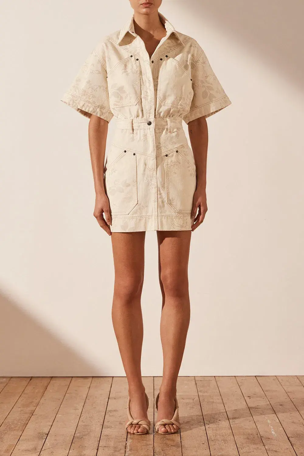 Shona Joy Monica Short Sleeve Mini Dress Cream Print Size 6 - Image 1