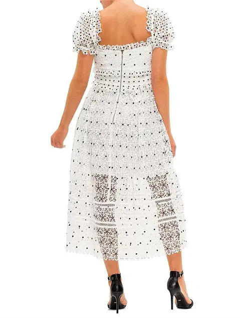 Self Portrait Guipure Hibiscus Midi Dress Ivory Size AU 12 - Image 6