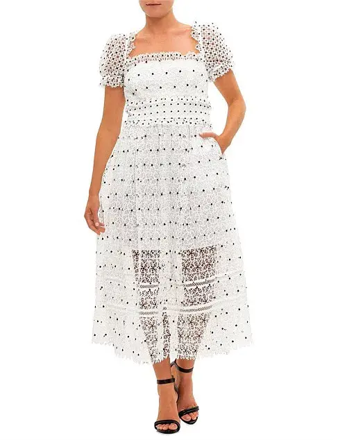 Self Portrait Guipure Hibiscus Midi Dress Ivory Size AU 12 - Image 7