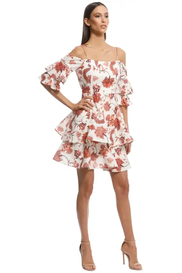 Thurley Valencia Off-shoulder Dress Russet Multi Size AU 10 for rent on The Volte - main image