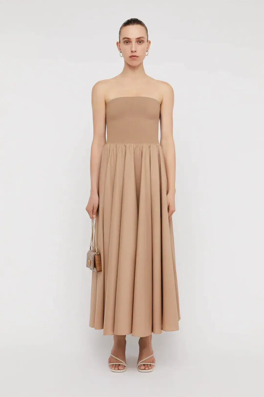 Scanlan Theodore Crepe Knit Cotton Strapless Dress Camel Size 6 for rent on The Volte - main image
