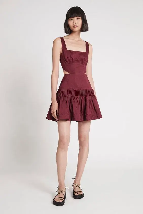 Aje Audette Pleated Mini Dress Burgundy Size 10 for rent on The Volte - main image