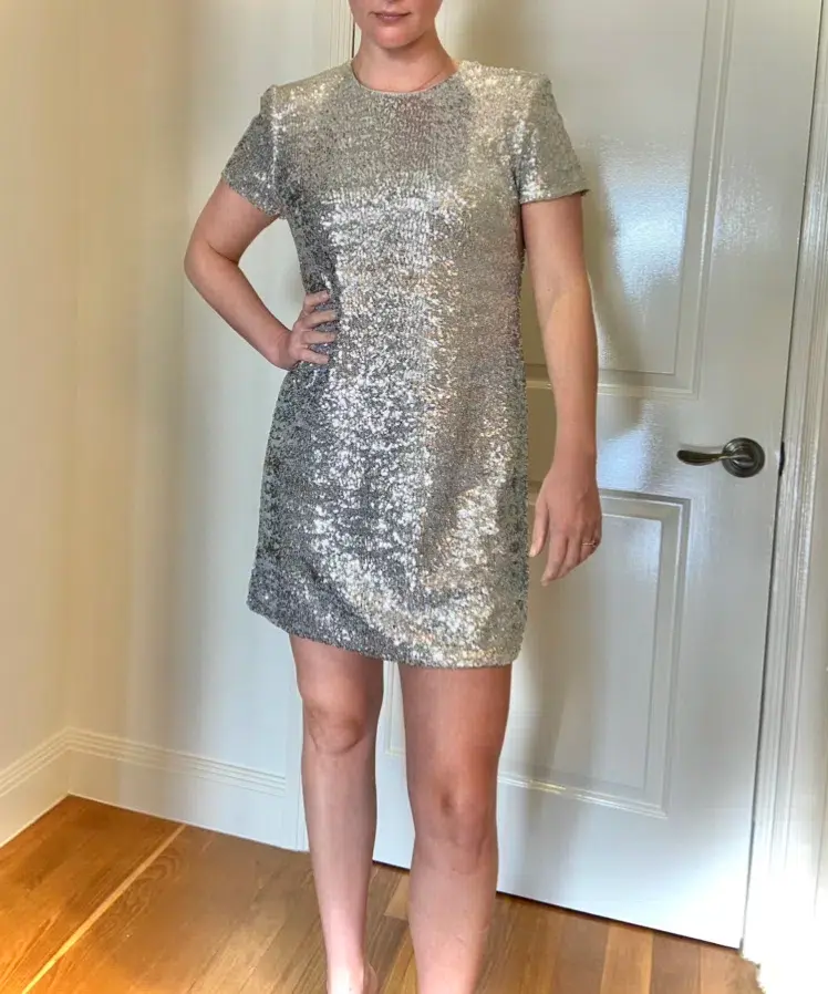 Cue Sequin Shift Mini Dress Silver Size 10 for rent on The Volte - main image