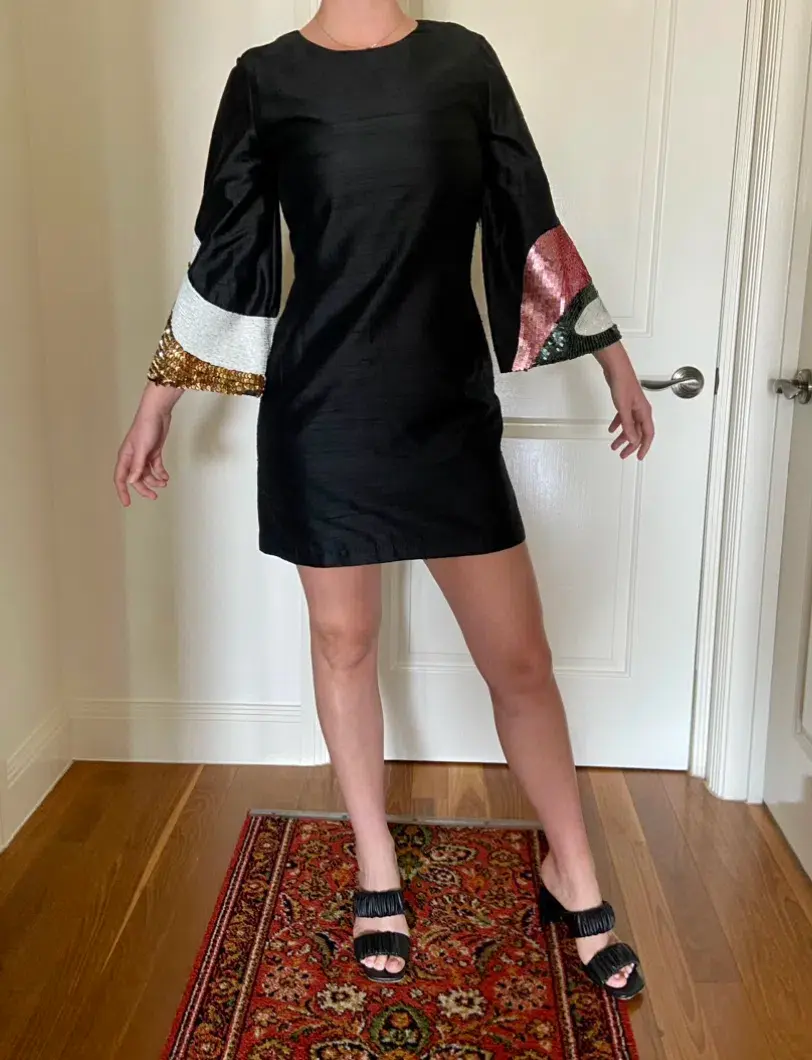 Gorman Batwing Shift Mini Dress with Sequin Sleeves Black Size 10 for rent on The Volte - main image