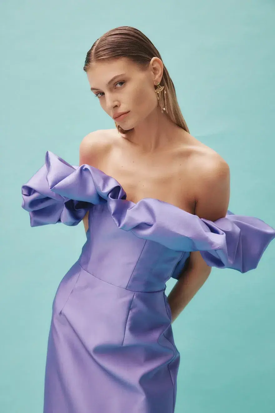 Alemais Suzi Off Shoulder Midi Dress Violet Size 8 for rent on The Volte - main image