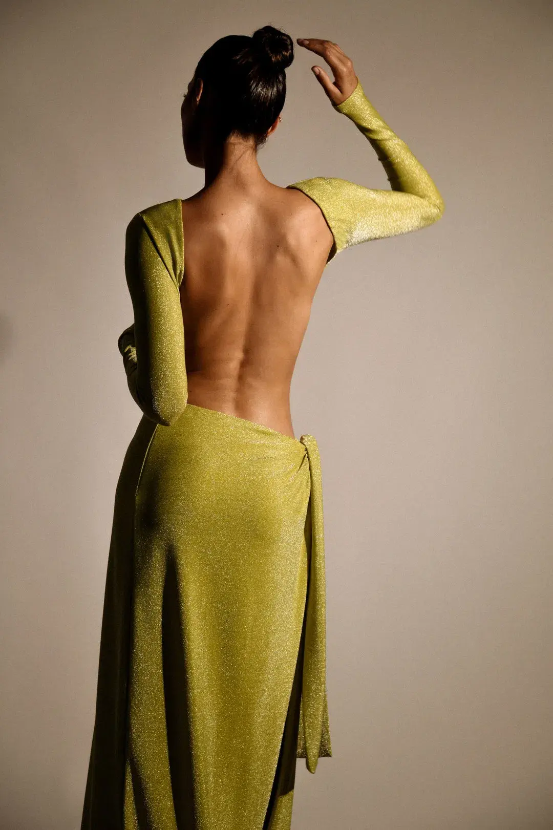 Meshki Christina Backless Maxi Wrap Dress Green Shimmer Size S / AU 8 for rent on The Volte - main image