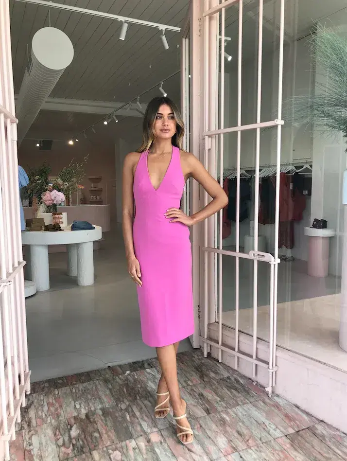 By Johnny String T-back Plunge Midi Dress Pink Size Au 10 - Image 1