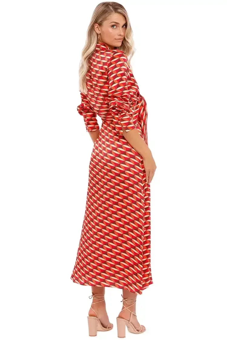 Nicholas Perle Tie Front Midi Dress Geo Print Multi Print Size 14 - Image 2
