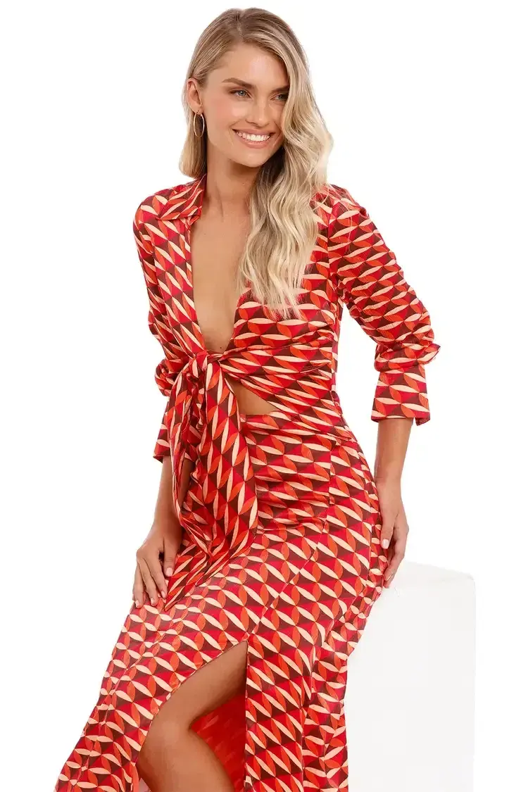 Nicholas Perle Tie Front Midi Dress Geo Print Multi Print Size 14 - Image 4