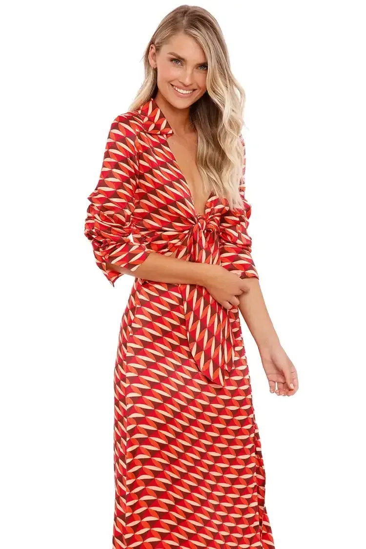 Nicholas Perle Tie Front Midi Dress Geo Print Multi Print Size 14 - Image 3