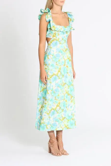 Zimmermann High Tide Frilled Midi Dress Aqua Ikat Floral Size 0/Au 8  - Image 2