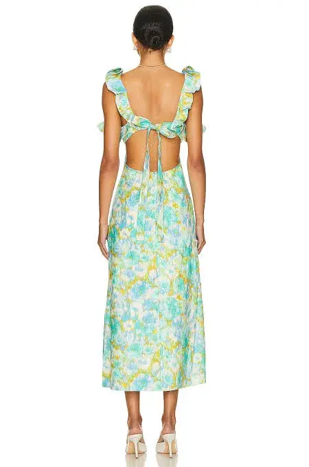 Zimmermann High Tide Frilled Midi Dress Aqua Ikat Floral Size 0/Au 8  - Image 3