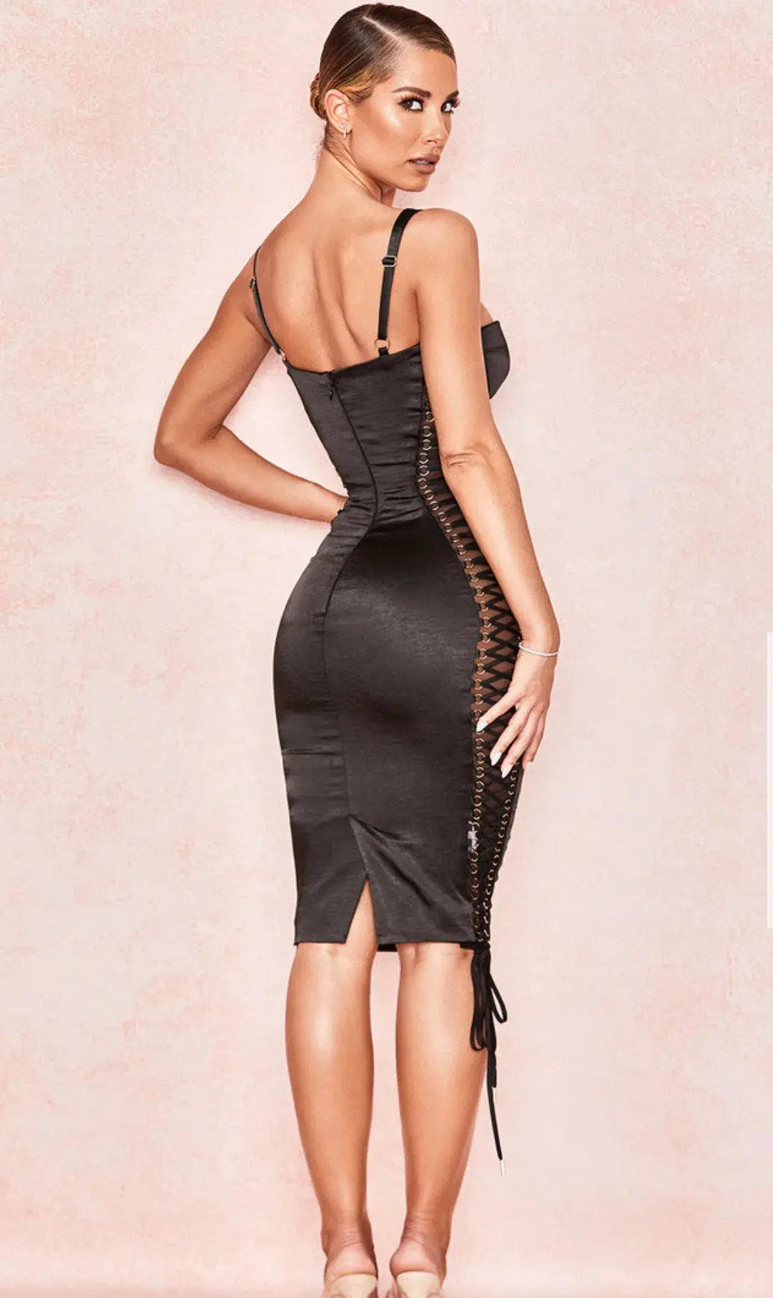 House of CB Angelina Satin Lace Up Corset Dress Black Size 8 - Image 3