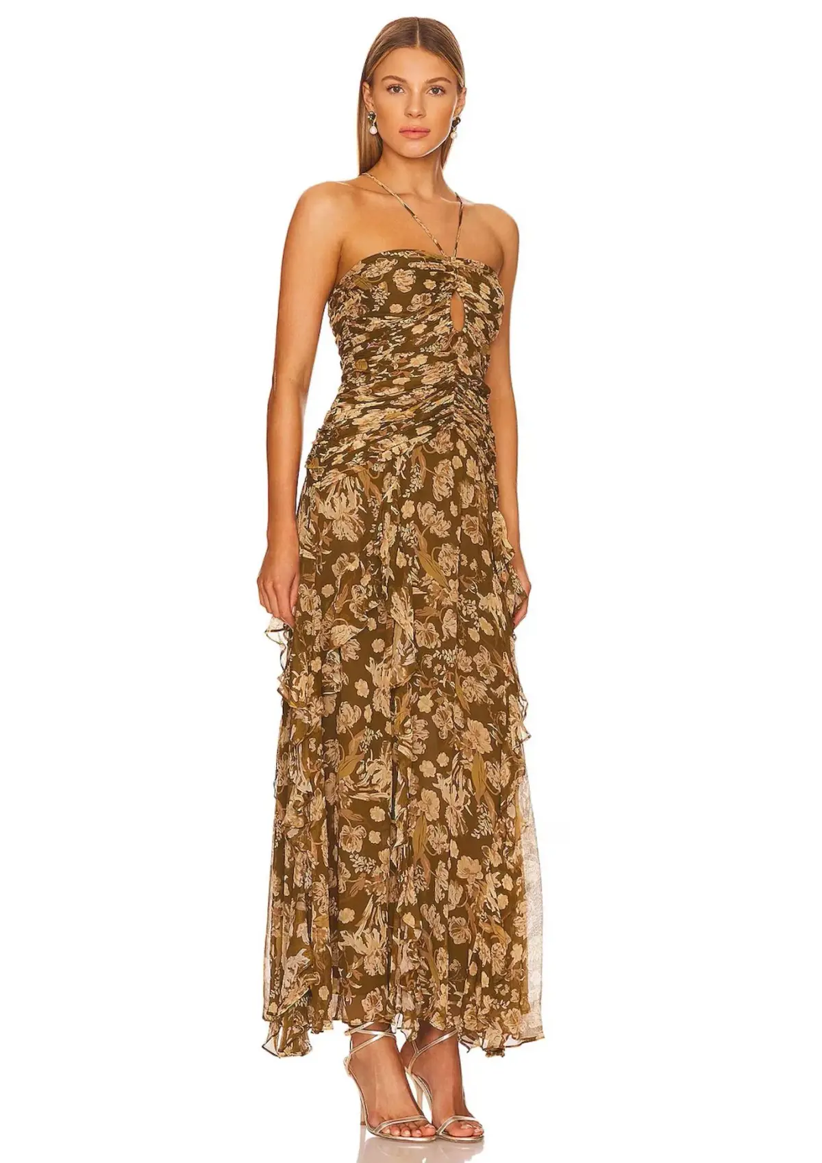 Shona Joy Rosaline Keyhole Frill Maxi Dress in Cumin Multi Size 6 - Image 1